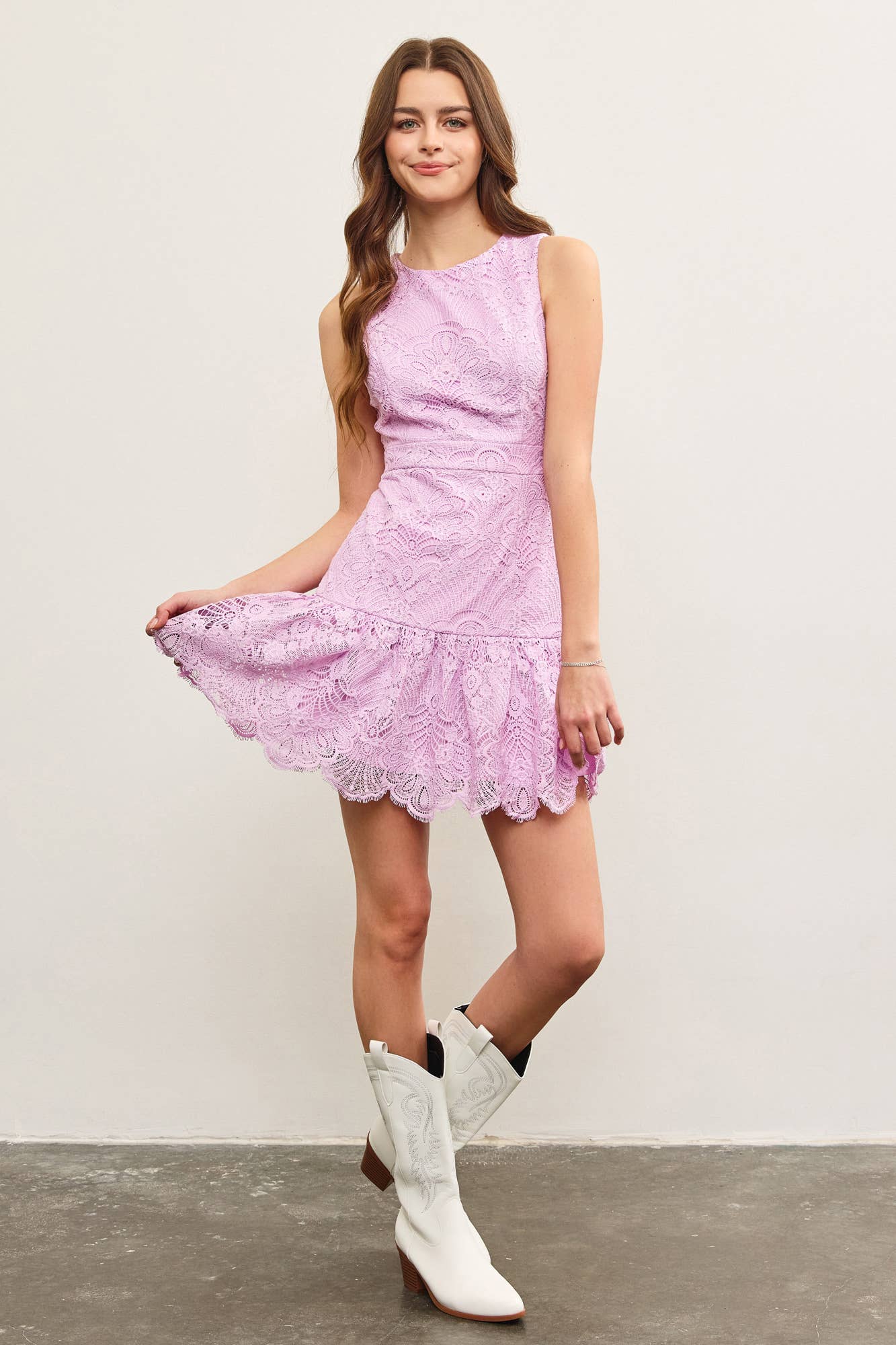 Ornate Lace Sleeveless Flounce Dress