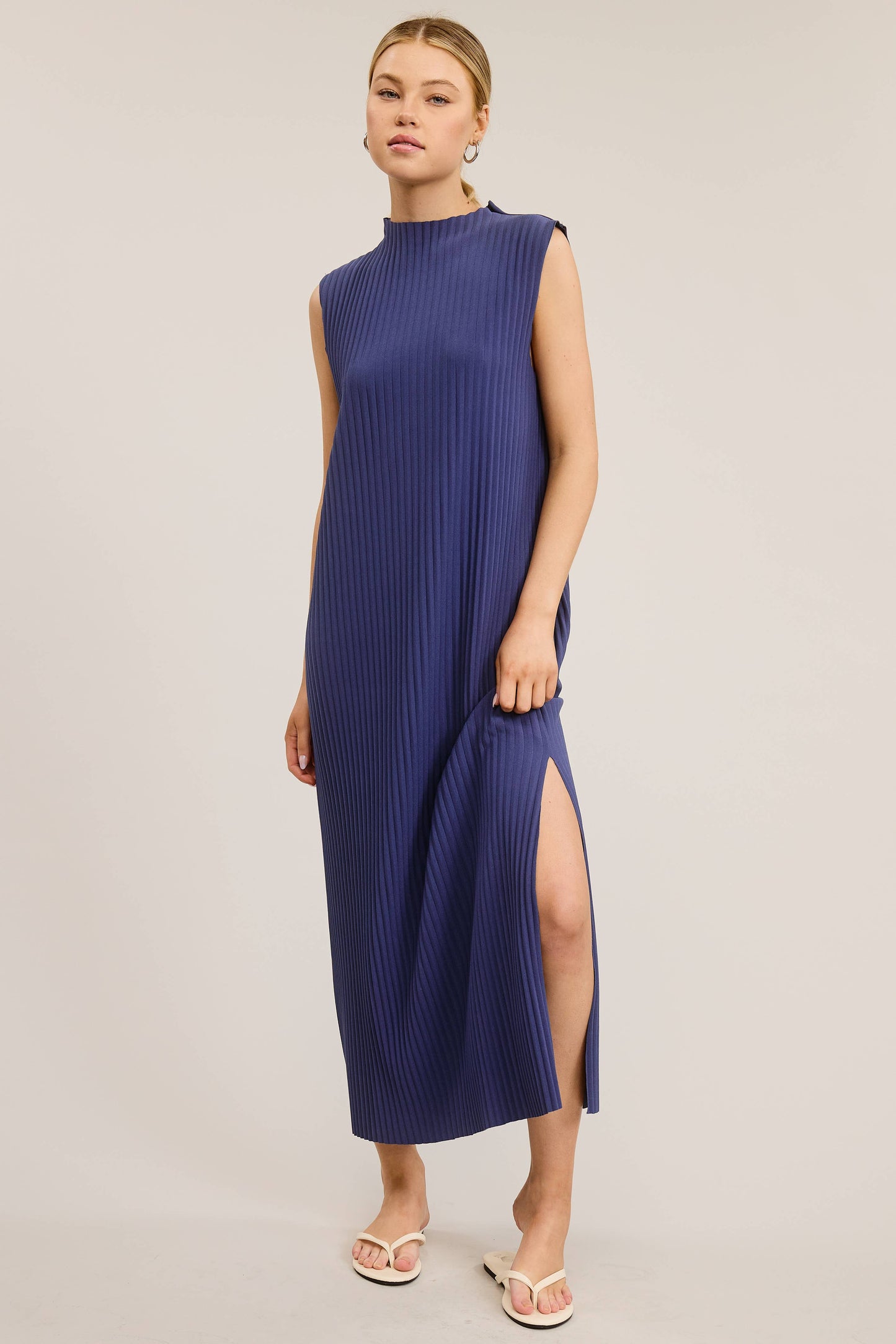 Sleeveless Pleated Midi Dress with Side Slit