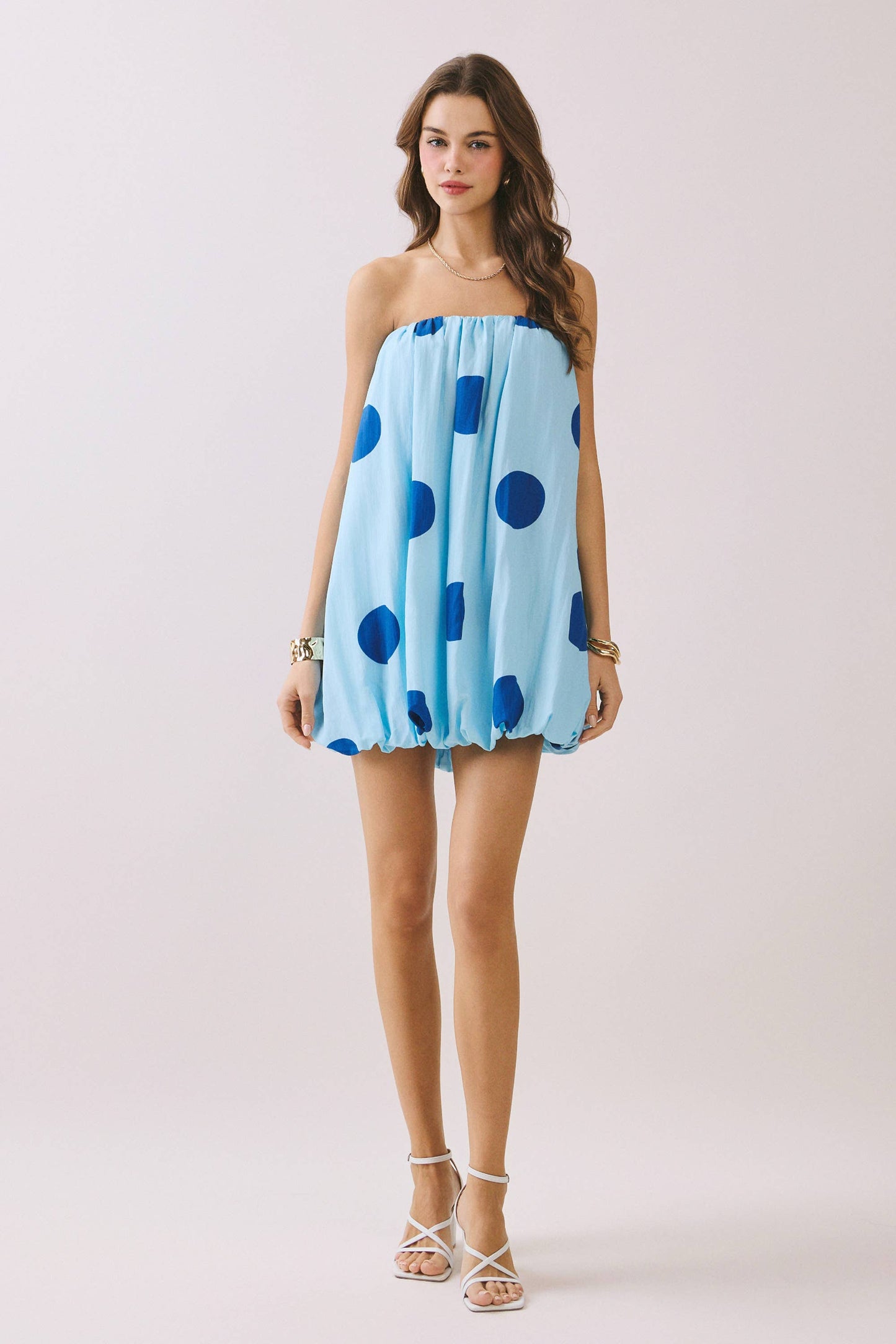 Strapless Polka Dot Elastic Neck Bubble Mini Dress