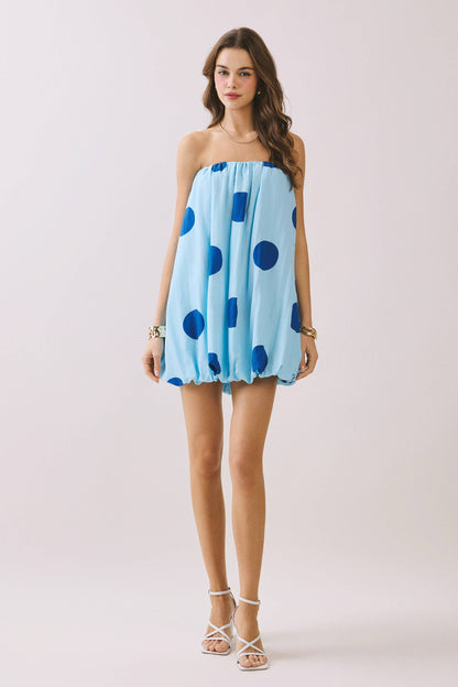 Strapless Polka Dot Elastic Neck Bubble Mini Dress