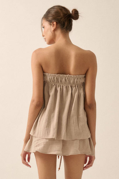 Textured Cotton Strapless Drawstring Babydoll Top