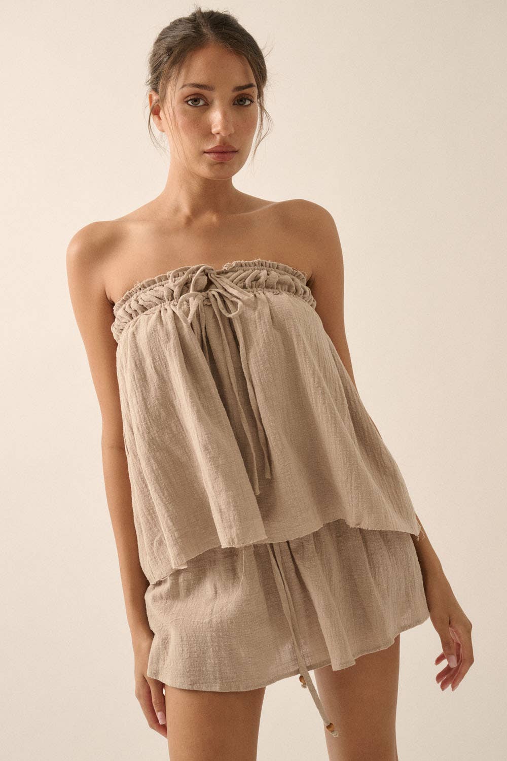 Textured Cotton Strapless Drawstring Babydoll Top