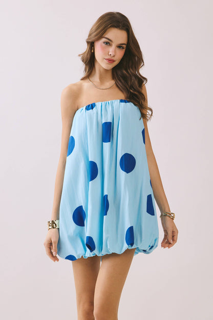 Strapless Polka Dot Elastic Neck Bubble Mini Dress