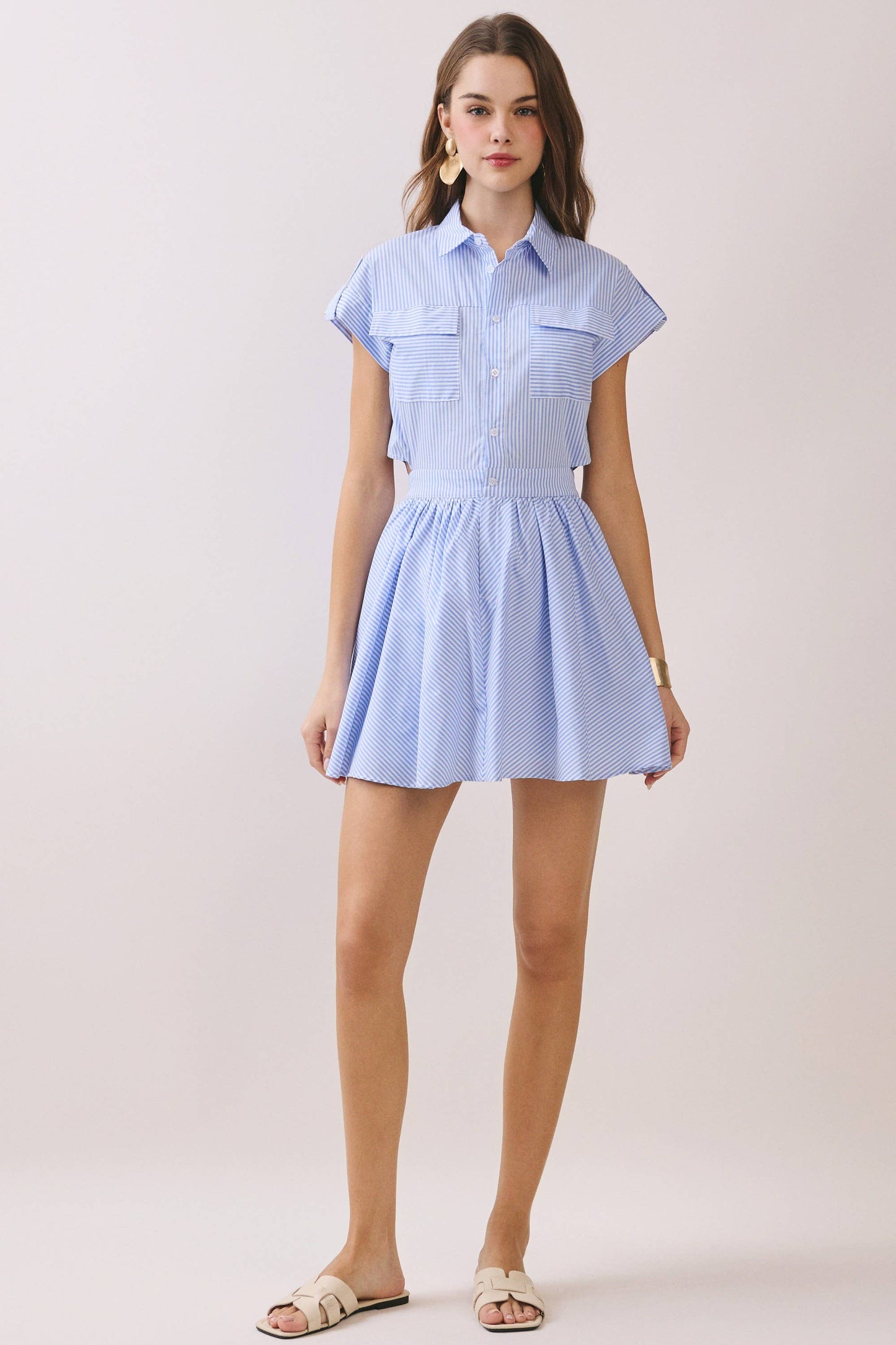 Striped Shirt Style Side to Back Cutout Mini Dress