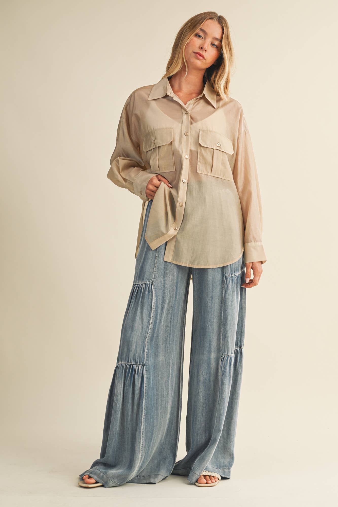 Sheer Utility Pocket Button-Down Shirt