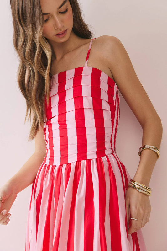 Stripe Back Side Pockets Smocked Midi Dress