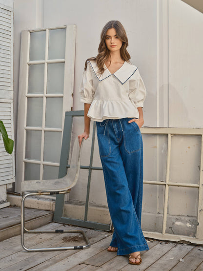 SOFT DENIM STRAIGHT LEG DRAWSTRING WAIST