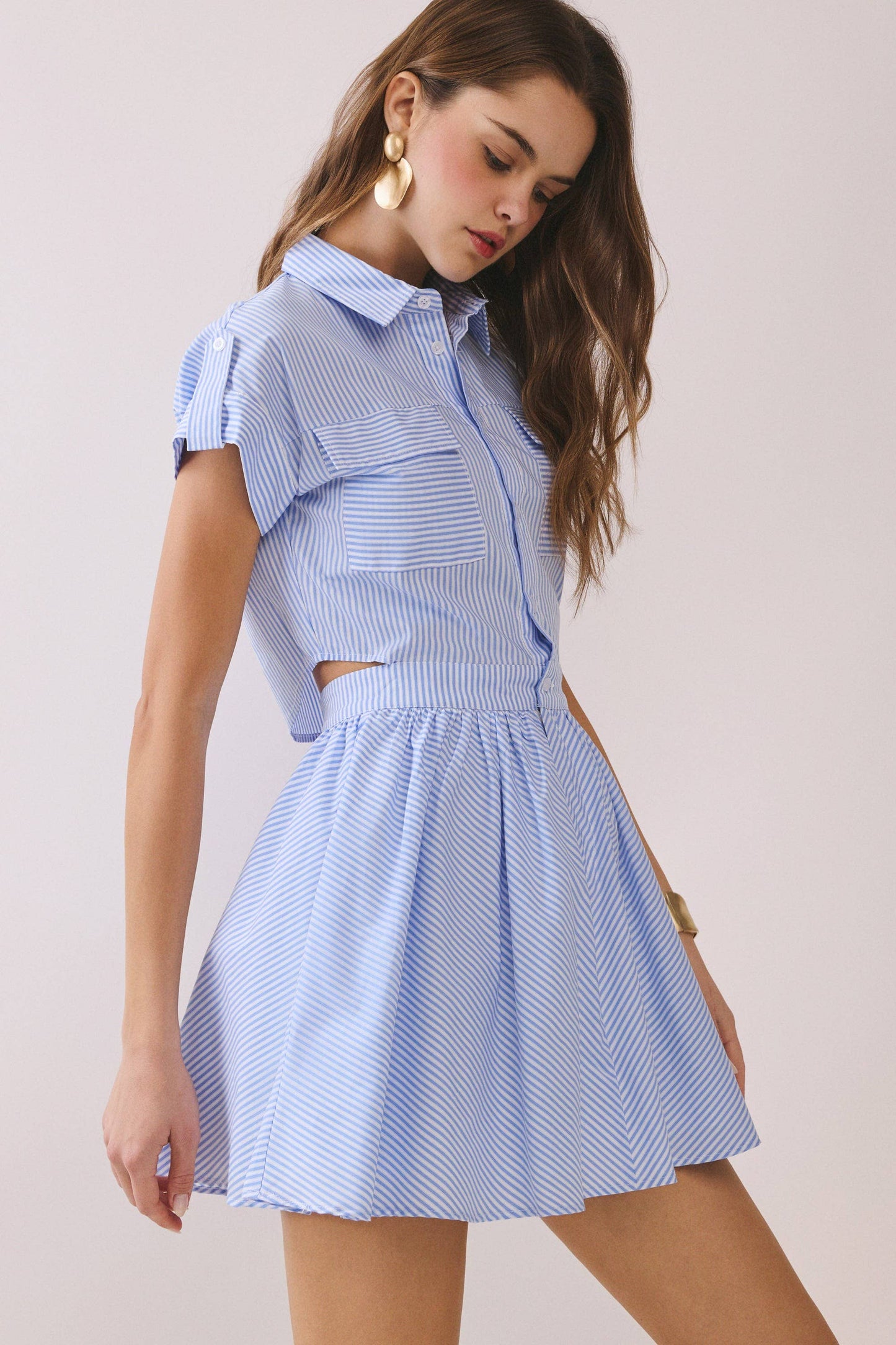 Striped Shirt Style Side to Back Cutout Mini Dress