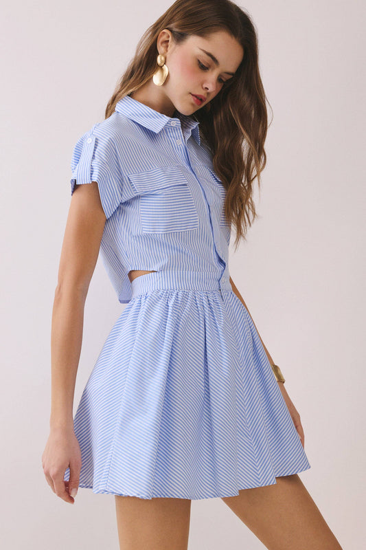 Striped Shirt Style Side to Back Cutout Mini Dress