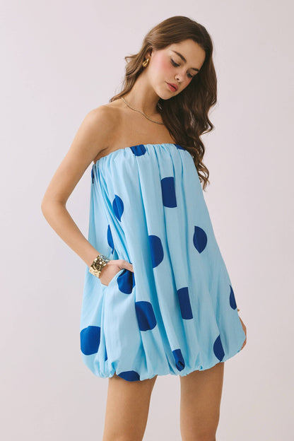 Strapless Polka Dot Elastic Neck Bubble Mini Dress