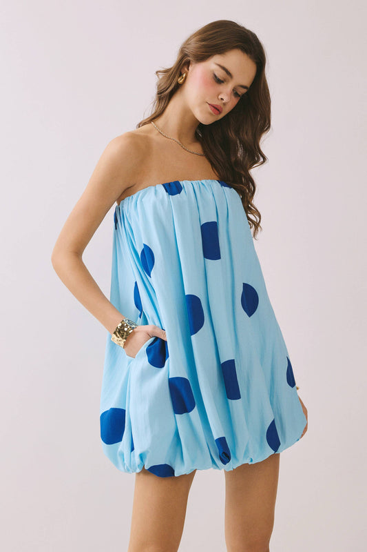Strapless Polka Dot Elastic Neck Bubble Mini Dress