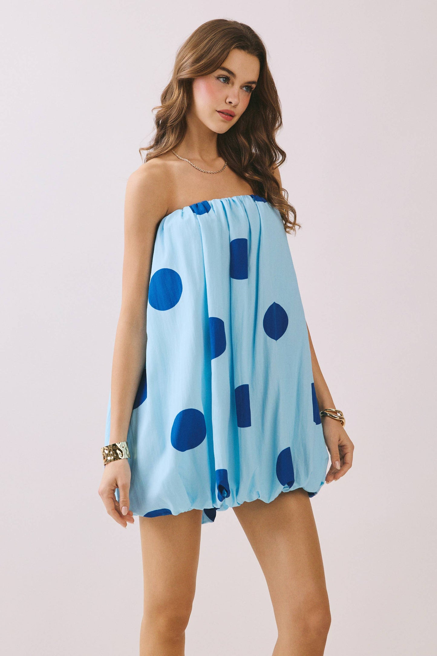 Strapless Polka Dot Elastic Neck Bubble Mini Dress