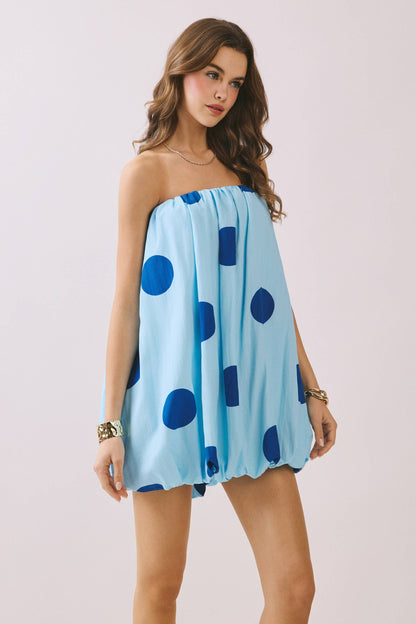 Strapless Polka Dot Elastic Neck Bubble Mini Dress