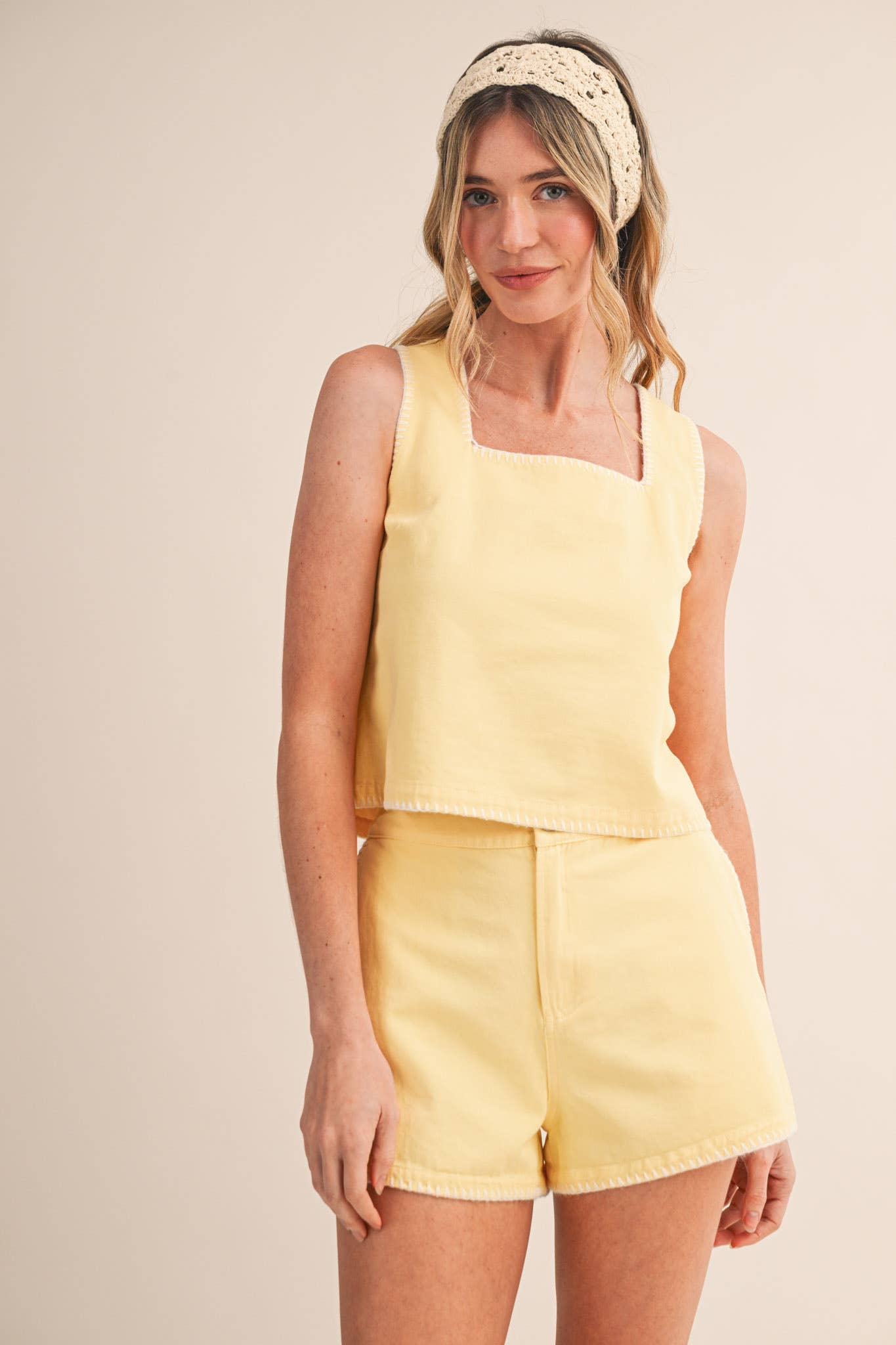 WHIPSTITCH DENIM CROP TOP AND SHORTS SET