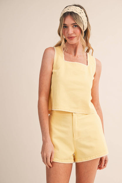 WHIPSTITCH DENIM CROP TOP AND SHORTS SET