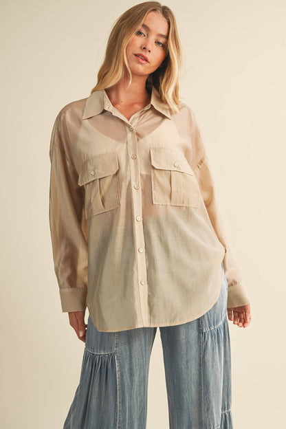 Sheer Utility Pocket Button-Down Shirt
