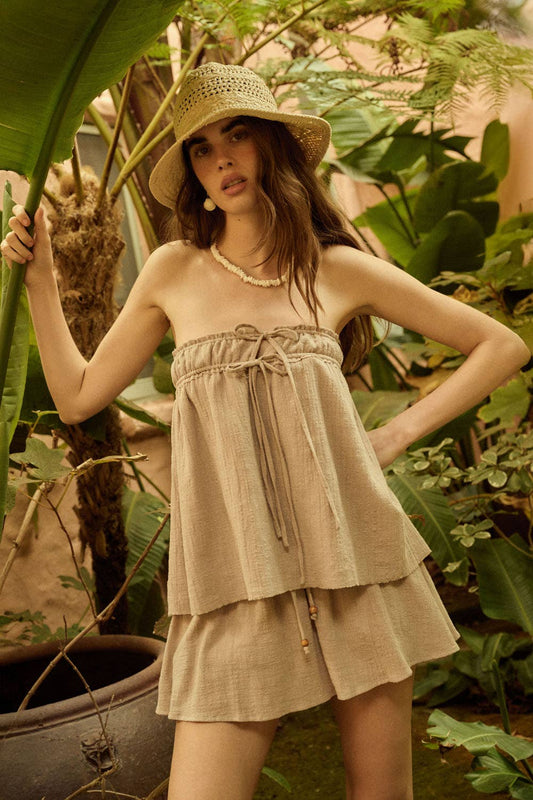 Textured Cotton Strapless Drawstring Babydoll Top