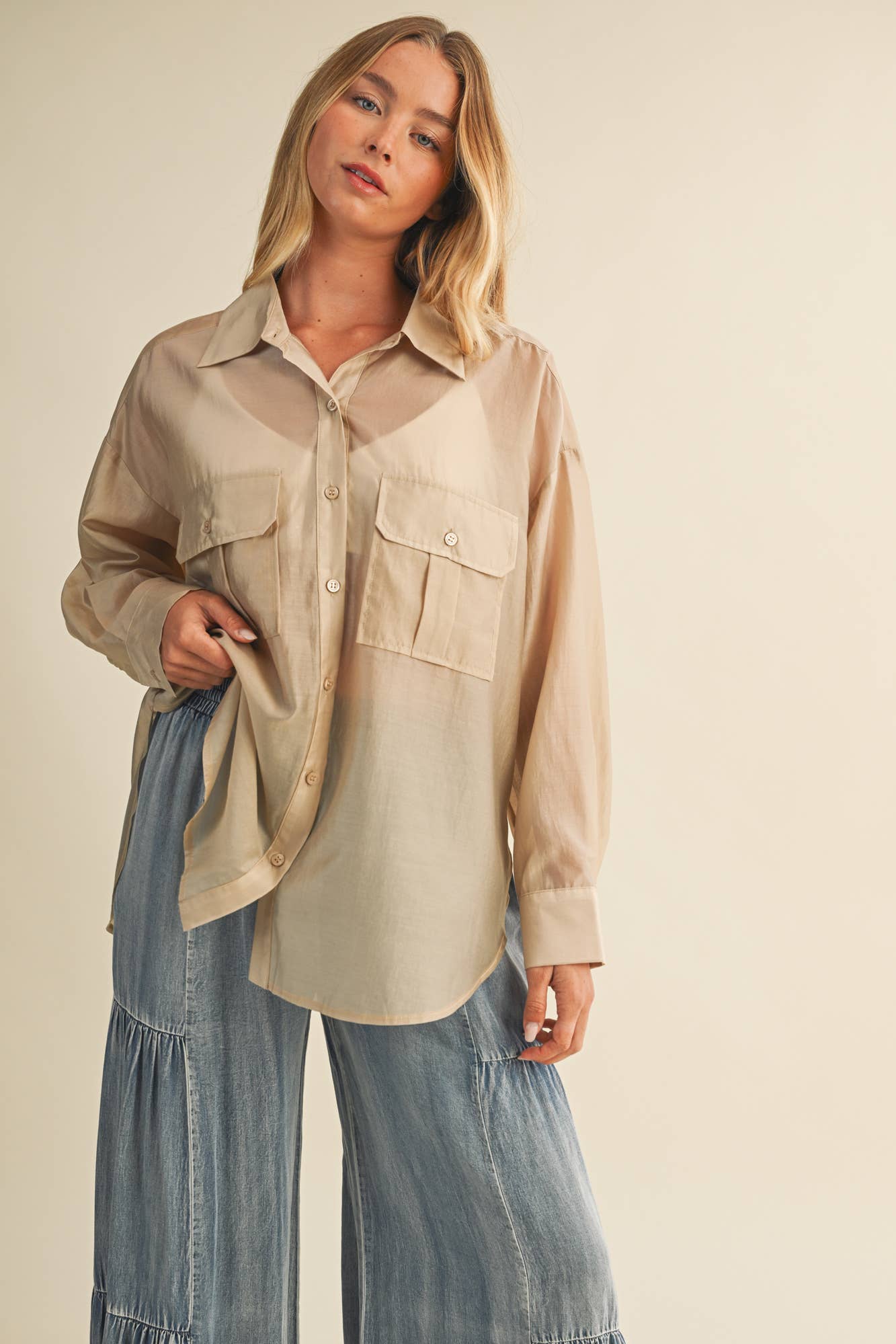 Sheer Utility Pocket Button-Down Shirt