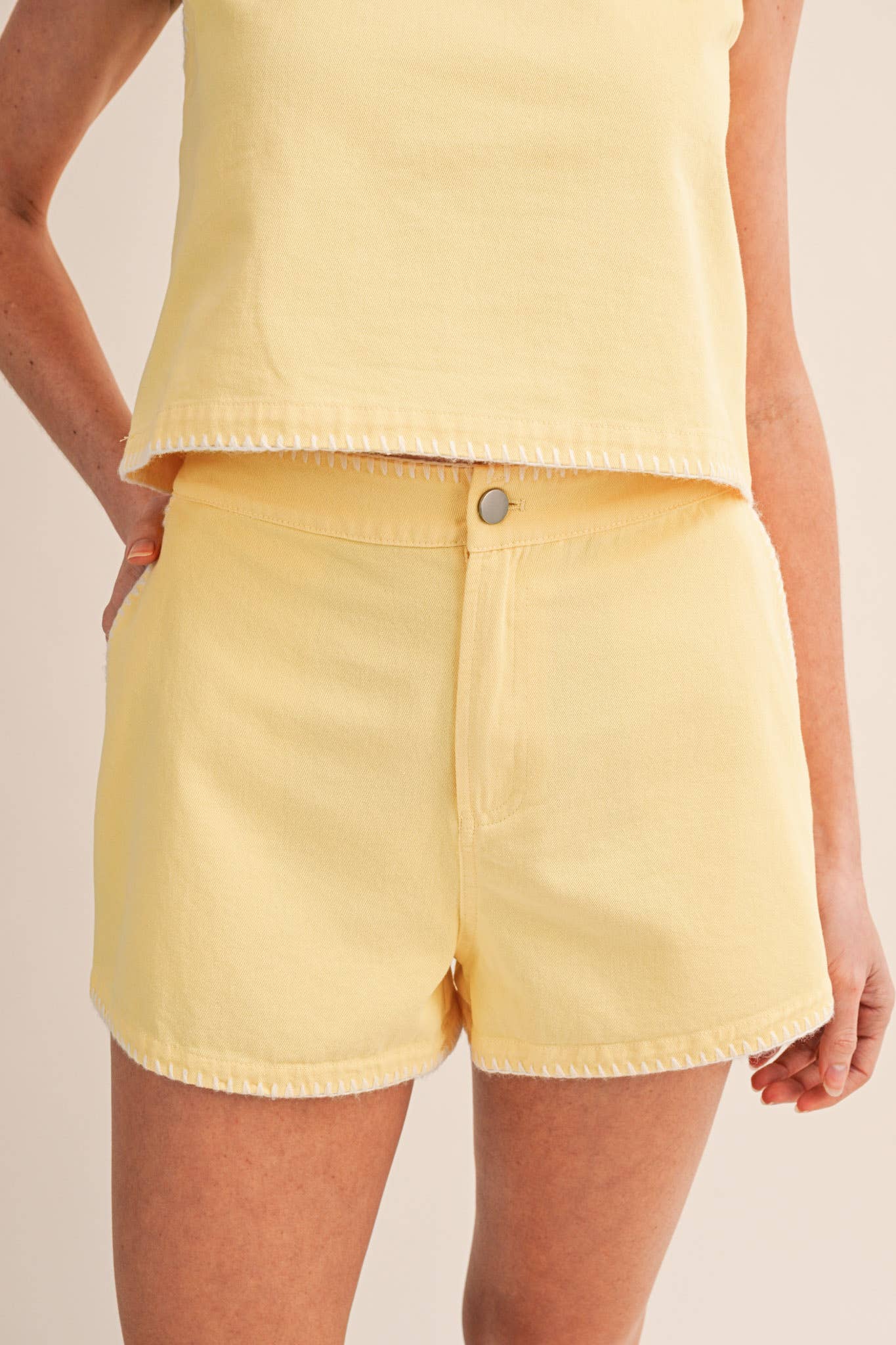 WHIPSTITCH DENIM CROP TOP AND SHORTS SET