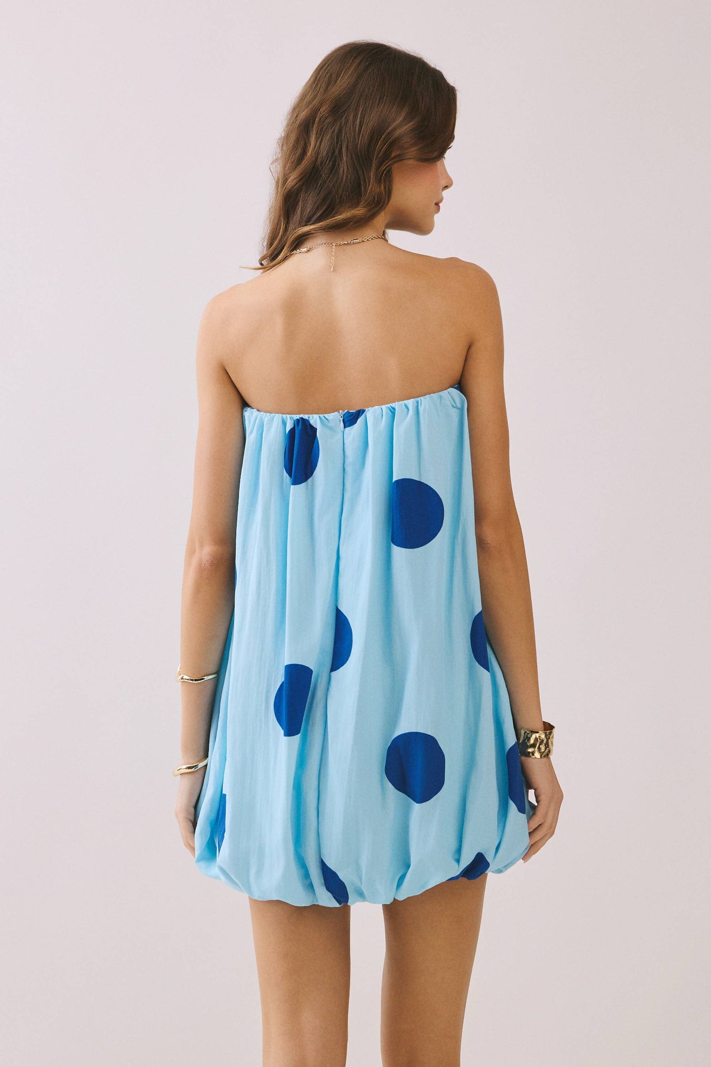 Strapless Polka Dot Elastic Neck Bubble Mini Dress