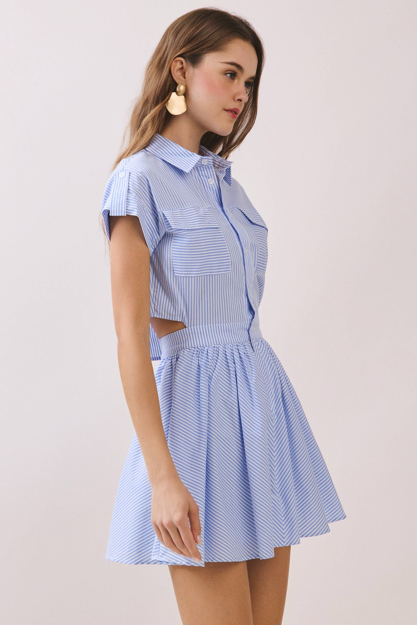 Striped Shirt Style Side to Back Cutout Mini Dress