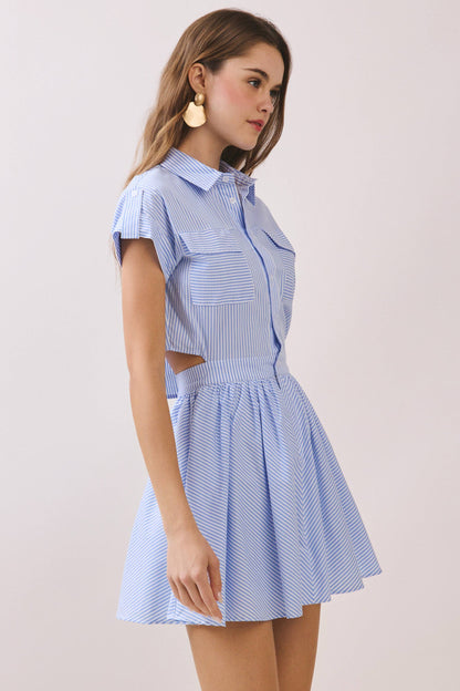 Striped Shirt Style Side to Back Cutout Mini Dress