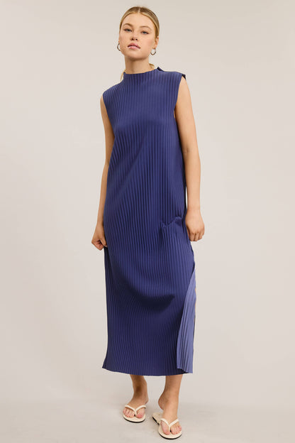 Sleeveless Pleated Midi Dress with Side Slit